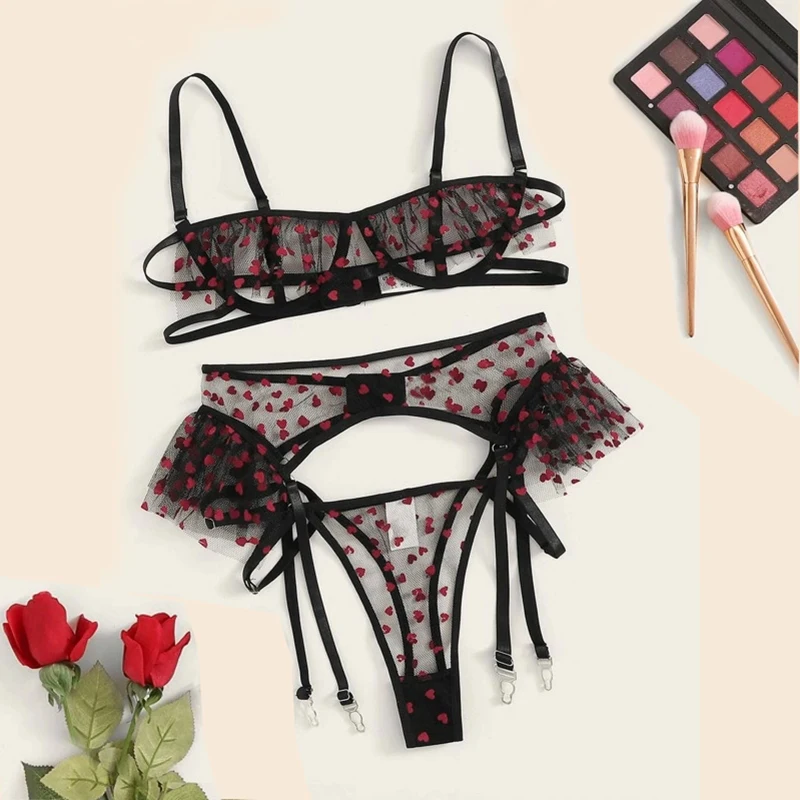 

Aduloty Woman sexy pajamas Heart Print Garter Sheer Lingerie Set Mesh Cupless Underwire Thong cute lace Bra Set