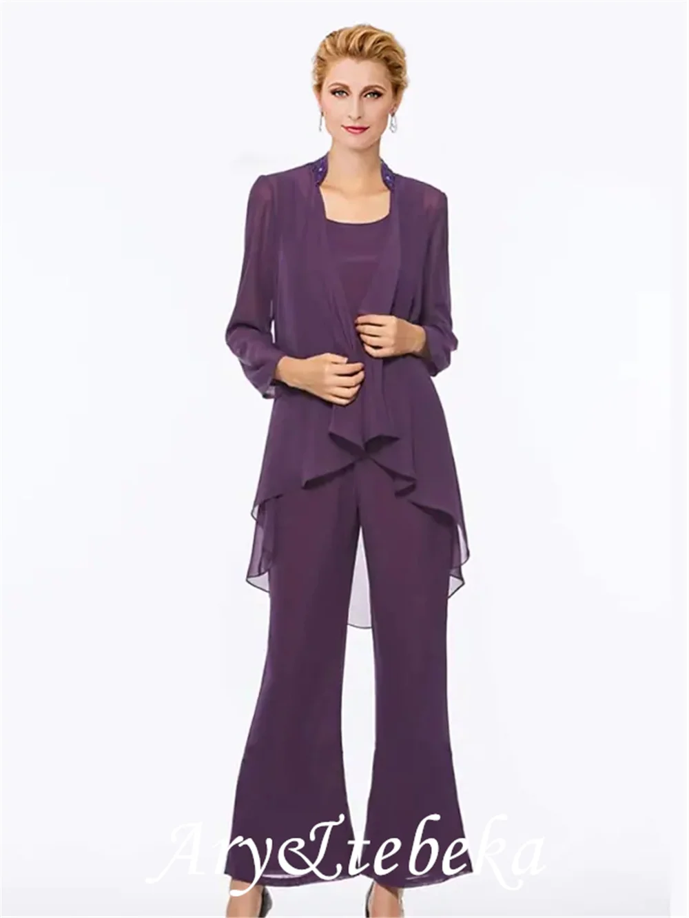 Pantsuit/macacão mãe da noiva vestido elegante jewel neck até o chão chiffon com pregas 2021