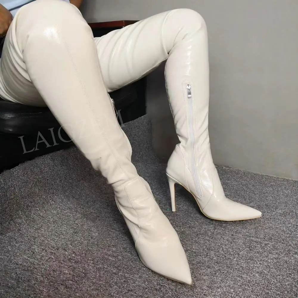 

BERZIMER Beige Women Over Knee Stretchy Boots High Heels Boots 4 Seasons Zapatos Bota Mujer Shoes Woman Large Size 39 43 47 52