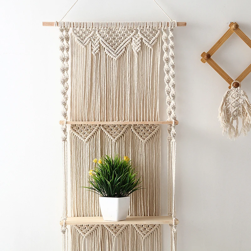 Imagem -02 - Madeira Bohemian Hand-woven Wall Hanging Macramé Tapeçaria Rack Prateleira de Armazenamento Ornamentos Decorativos Casa 1pc de