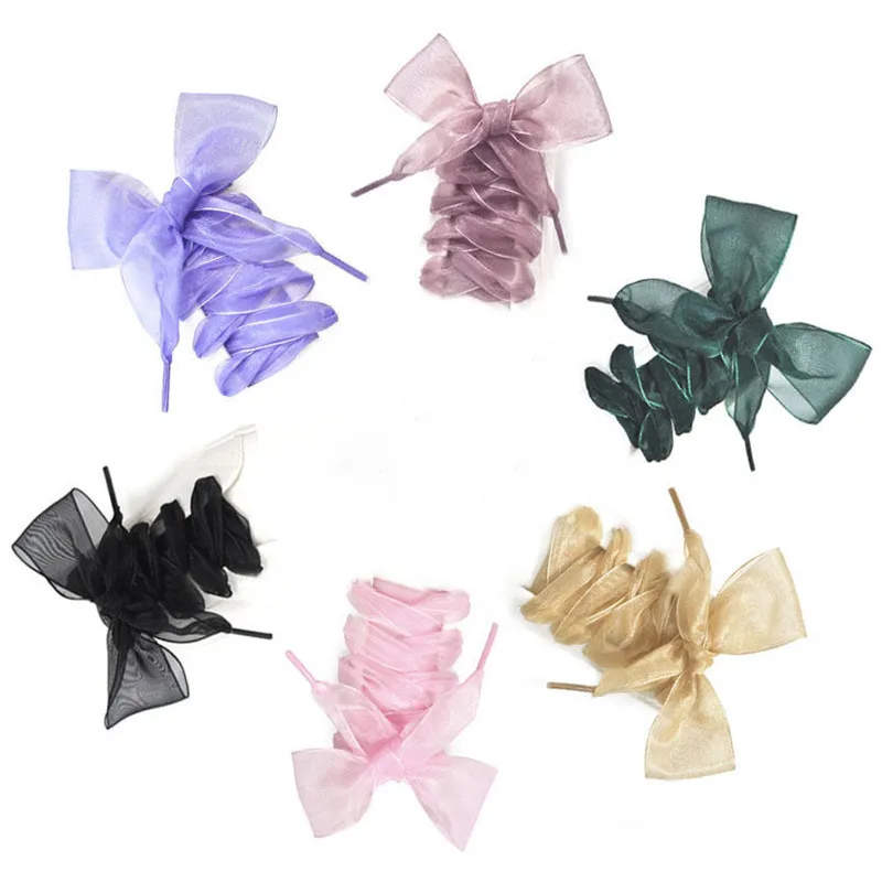 1Pair 120cm Elegant Organza Ribbon Shoe Laces Sport Shoes Sneakers Bowknot Flat Shoelaces Canvas Bootlaces Strings for Girls