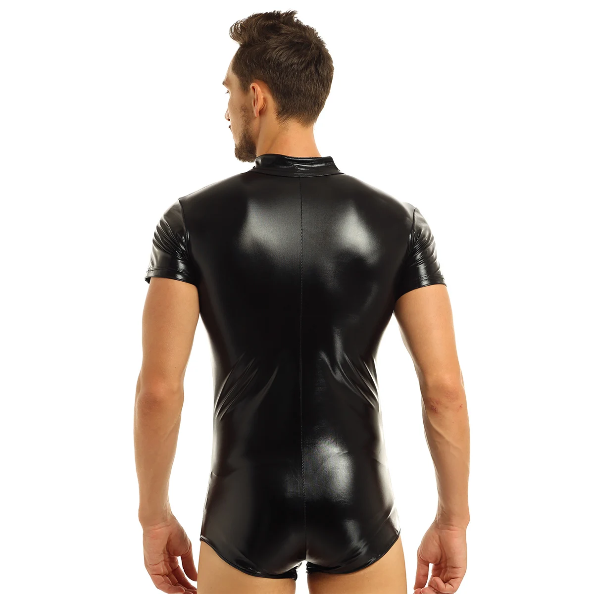 Sexy Latex Lingerie Bodysuit For Men One-piece Wet Look Patent Leather Front Zipper Boxer Briefs Leotard Bodysuit Nightwear