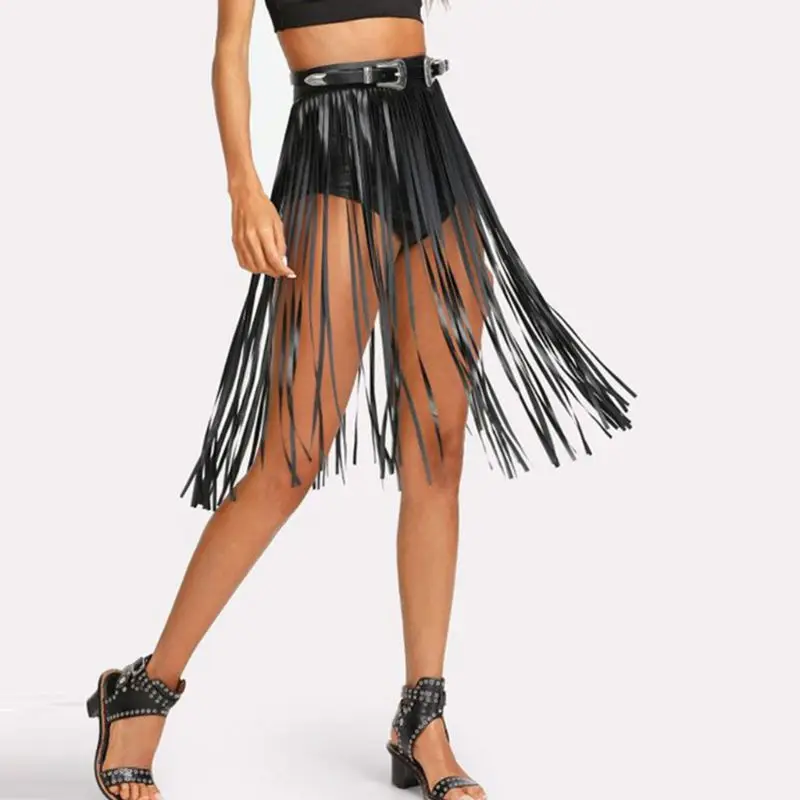 Womens High Waist Faux Leather Fringe Tassels Skirt with Buttons Halloween Party Punk Rock Clubwear