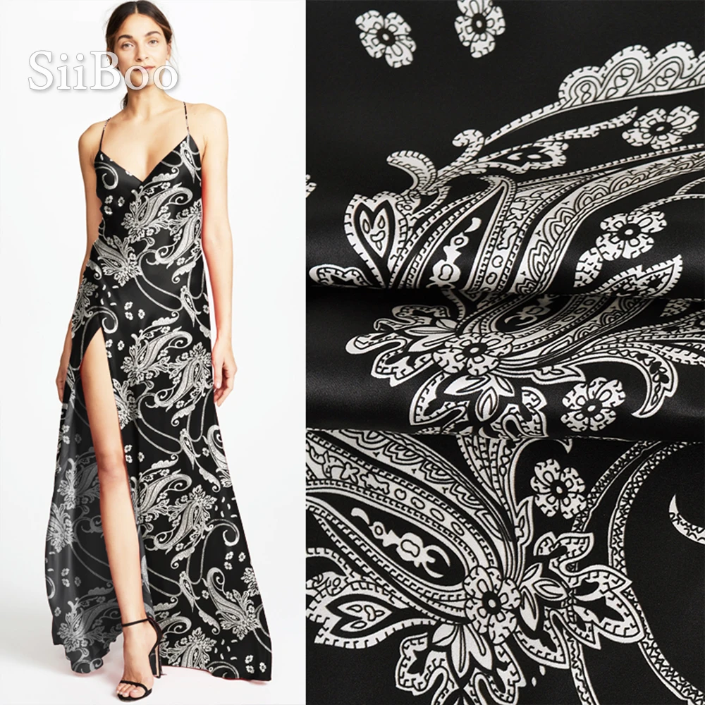 

Luxury black white paisley print spandex silk fabric apparel for dress natural silk tissue cloth tela tecido yarn 19mm SP5581