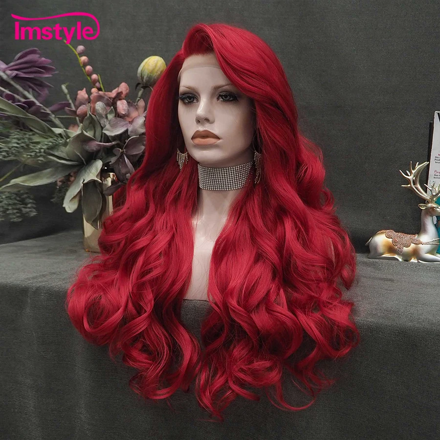 Imstyle Red Wig Long Synthetic Lace Front Wig Natural Wavy Cosplay Wigs For Women Heat Resistant Fiber White Brown Lace Wigs