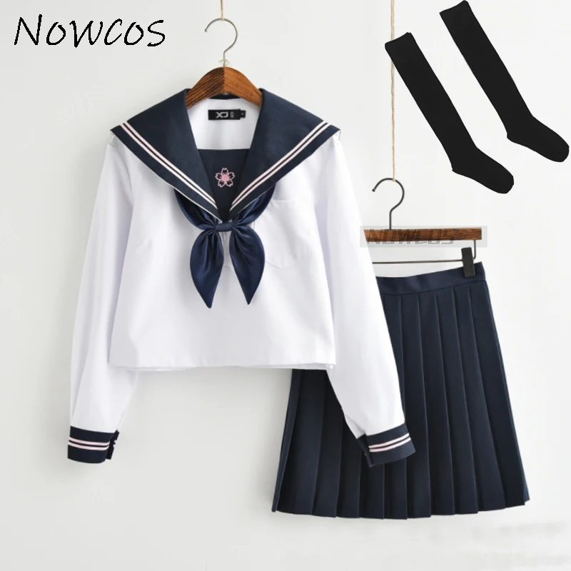 New Japanese JK Uniform Sets School Uniform Girls Sakura Pattern Top Long Sleeve Autumn High School Women Daily Sailor Suits XXL