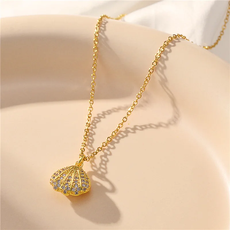 New In Sweet Sexy Zircon Inlaid Imitation Pearl Shell Pendant Necklaces For Women Female Stainless Steel Clavicle Chain Jewelry