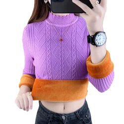 2022 Autumn Winter Knit Sweater Bottoming Shirt Velvet Lining Warm Pullover Sweater Female Half Turtleneck Sweater Jumper Tops