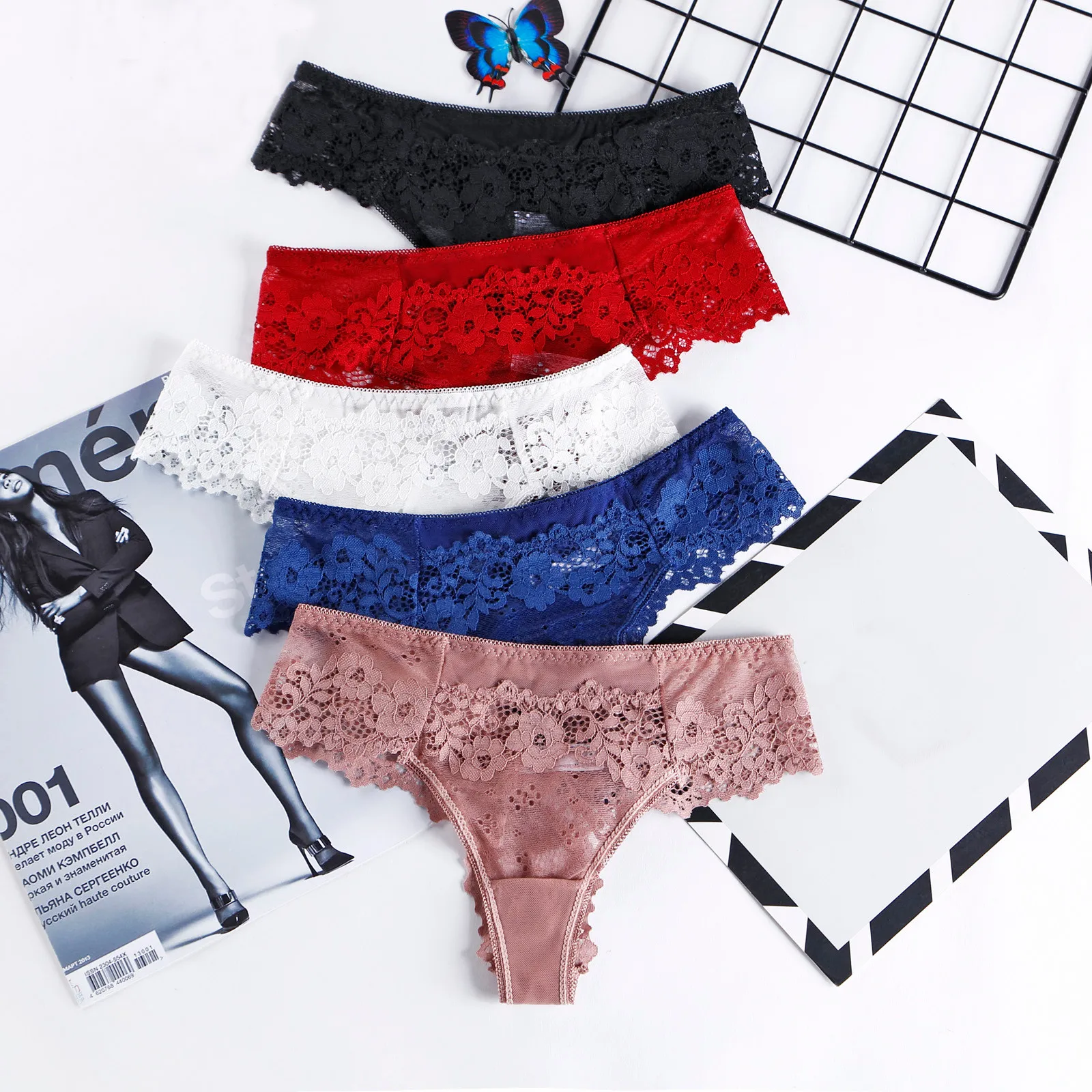 White Sexy Lace Thongs Open Butt See Throught G-string Temptation Lingerie Solid Color Ropa Interior Femenina Patchwork t-back