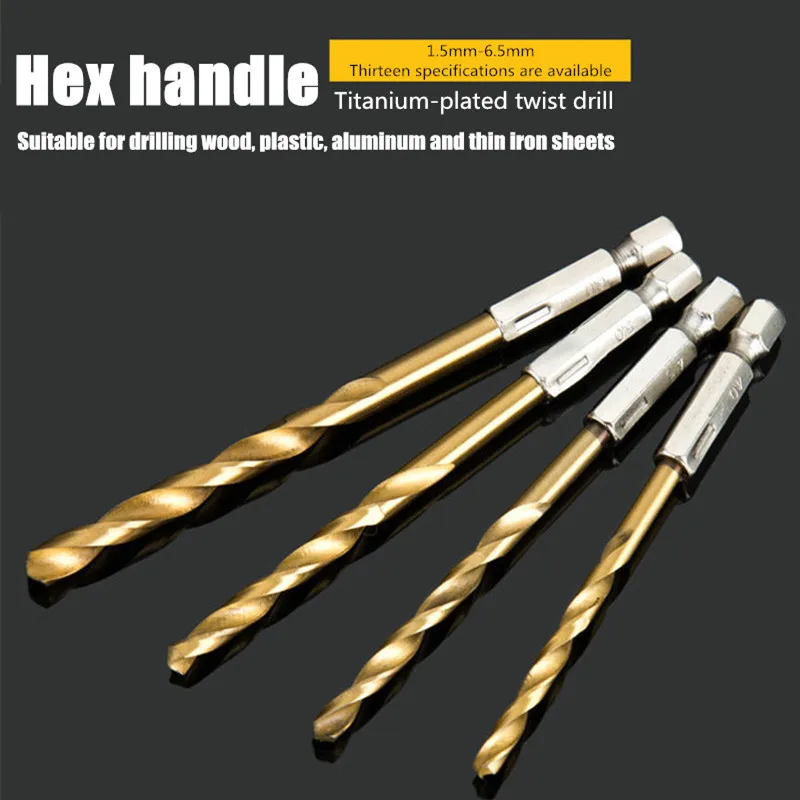 13 pezzi/set 1.6mm-6.5mm esagonale gambo twist drill HSS acciaio ad alta velocità titanio placcato drill bit set strumento di perforazione