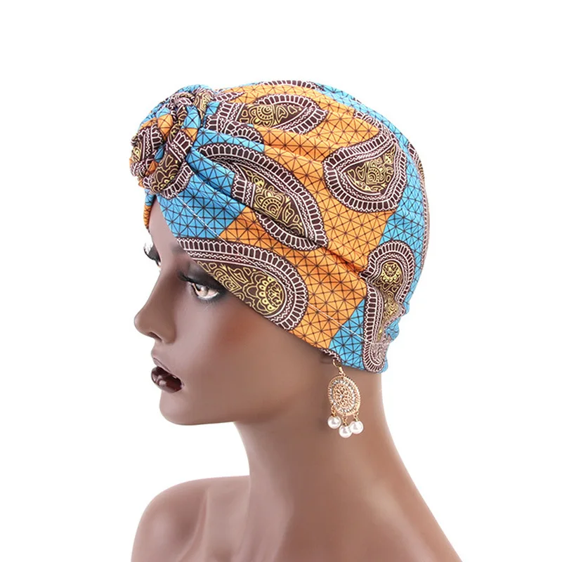 2022 New Fashion Bohemia Cotton Lined Bonnets Women African Vortex Knot Pattern Print Fabric Ankara Bonnets Hat Ladies Turban