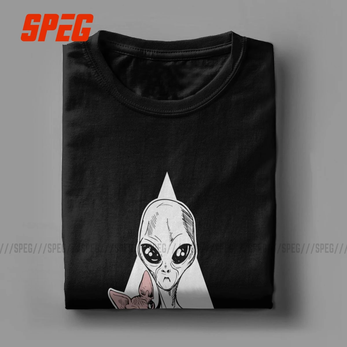 Vintage Alien With Sphynx Cat Round Collar Cotton T Shirt for men cats lover Short Sleeve Tees cosmos space area51  Gift Clothes