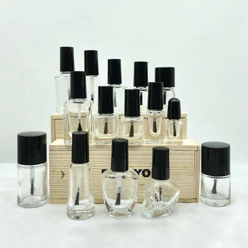 10pcs 5ml/10ml/15ml/20ml Empty Round Square Clear Glass Nails Polish Bottle With Brush Cap Paint Glue Containers Nail art Vials