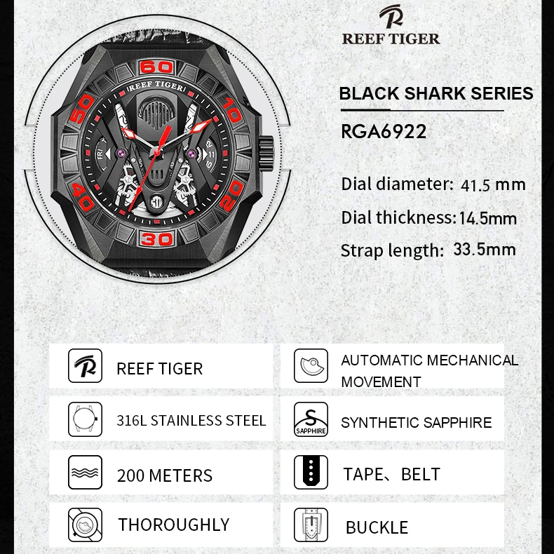 Reef Tiger Mens Orologi Militari Orologio Automatico da Uomo Orologio da Polso Meccanico Diving 200M Impermeabile Scheletro Zaffiro Specchio