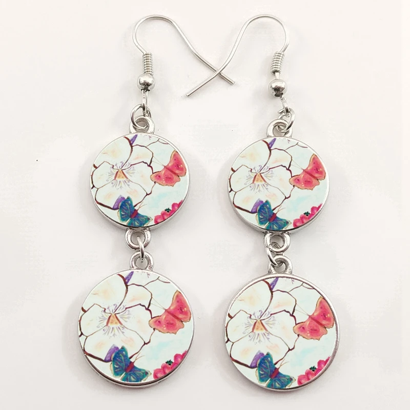 

HOT! New Creative Art Painting Round Earrings Cute Animal Butterfly Pendant Earrings Female Fashion Jewelry DIY Handmade Retro