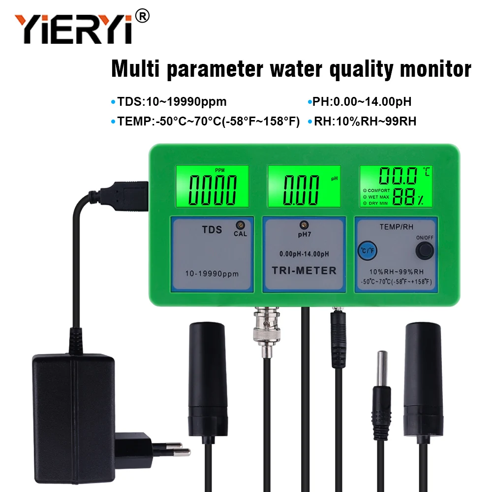 yieryi 4 in 1 PH TEMP TDS RH Water Quality Tester Monitor PH Meter Multi-parameter Aquarium Water Meter