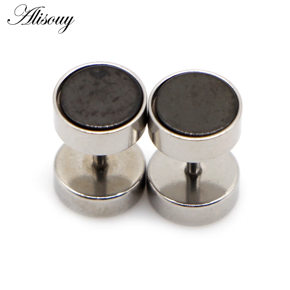 Alisouy 2pcs Fashion Punk Double Sided Round Bolt Ear Stud Earrings Male Gothic Barbell Black Earrings Men women Jewelry Gift