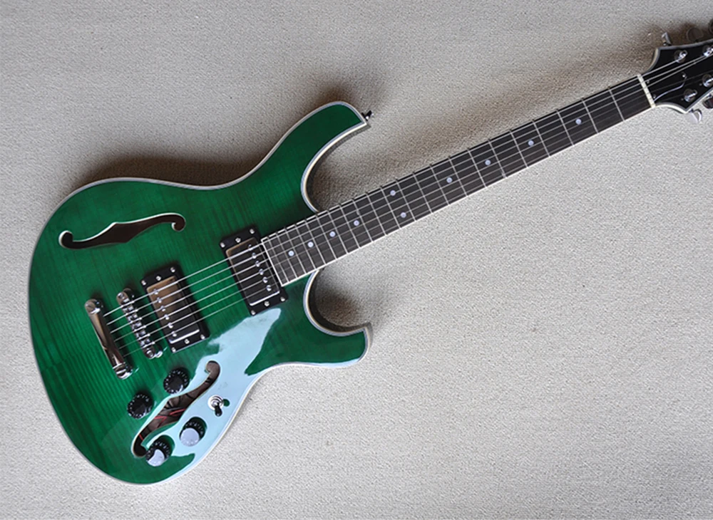 Green Semi-hollow Electric Guitar with Flame Maple Veneer,Rosewood Fretboard,Providing Customized Service