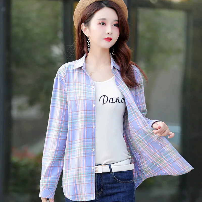 

New Spring 2024 Long Sleeve Cotton Women's Shirts Loose Plaid Female Blasue Large Size Casual Ladies Blouse Button Tops KN365