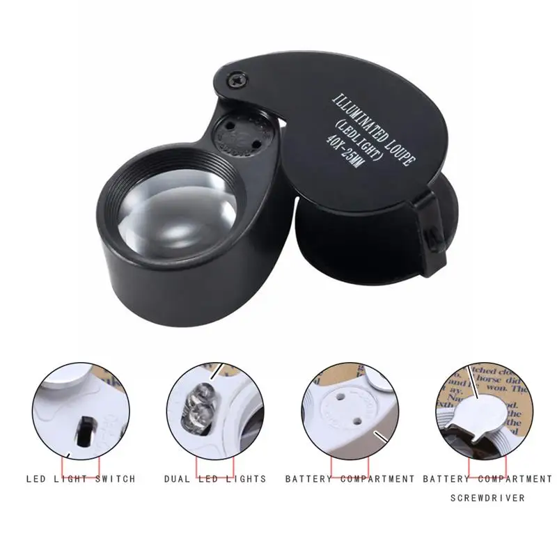 Portable 40X Magnifying Loupe Aluminum Alloy LED Lamp Lighting Jewelry Eye Glass Magnifier