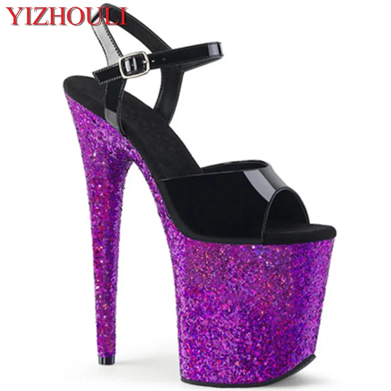 8 inch sandals, purple sequins and soles for parties and nightclubs, 20 cm high heel models, dancing shoes