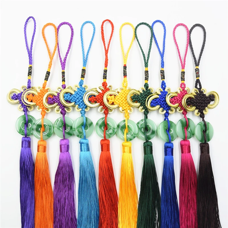 3Pcs/Lot Green Jade Flake Chinese Knot Tassels Accessories DIY Jewelry Garment Crafts Decoration Pendant Golden Edge Silk Tassel