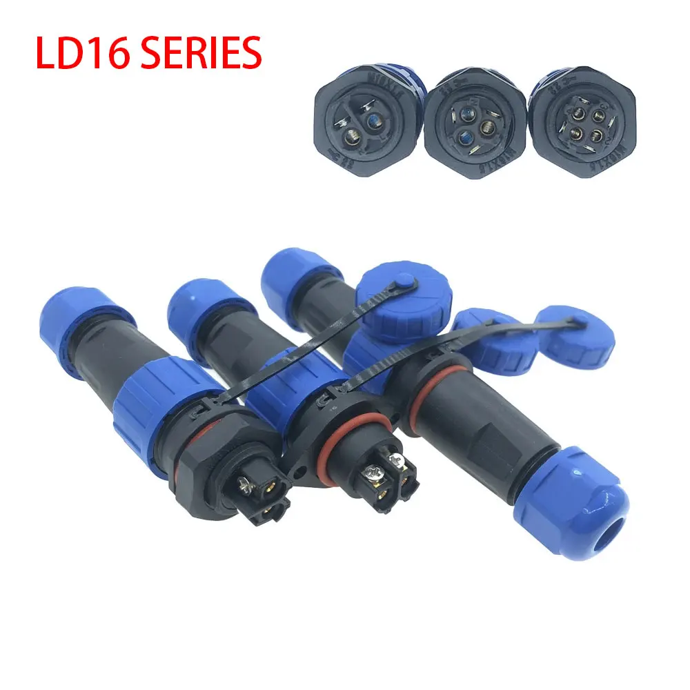 LD16 IP68 Waterproof Connector Socket  Plug Back Nut Docking Flange 2 pin 3 pin 4 pin Screw Crimping Without Welding Connector