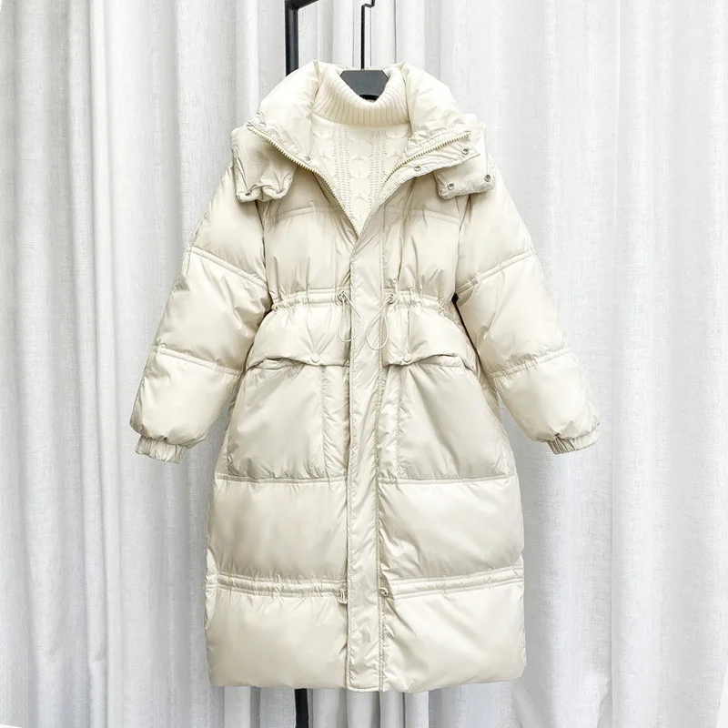 Lose Mit Kapuze Unten Jacke Frauen Mode Einfarbig Große Tasche Winter Mantel Koreanische Version Kordelzug Dicke Weiße Ente Unten Jacke