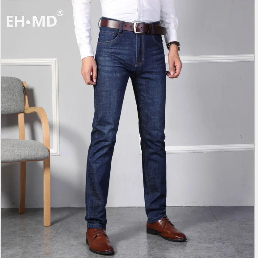 EH·MD® Pure Color Warm Jeans Men Slim Fit Fall Winter High-end Retro Bleached Business Straight Pants Men's Office Workers New22