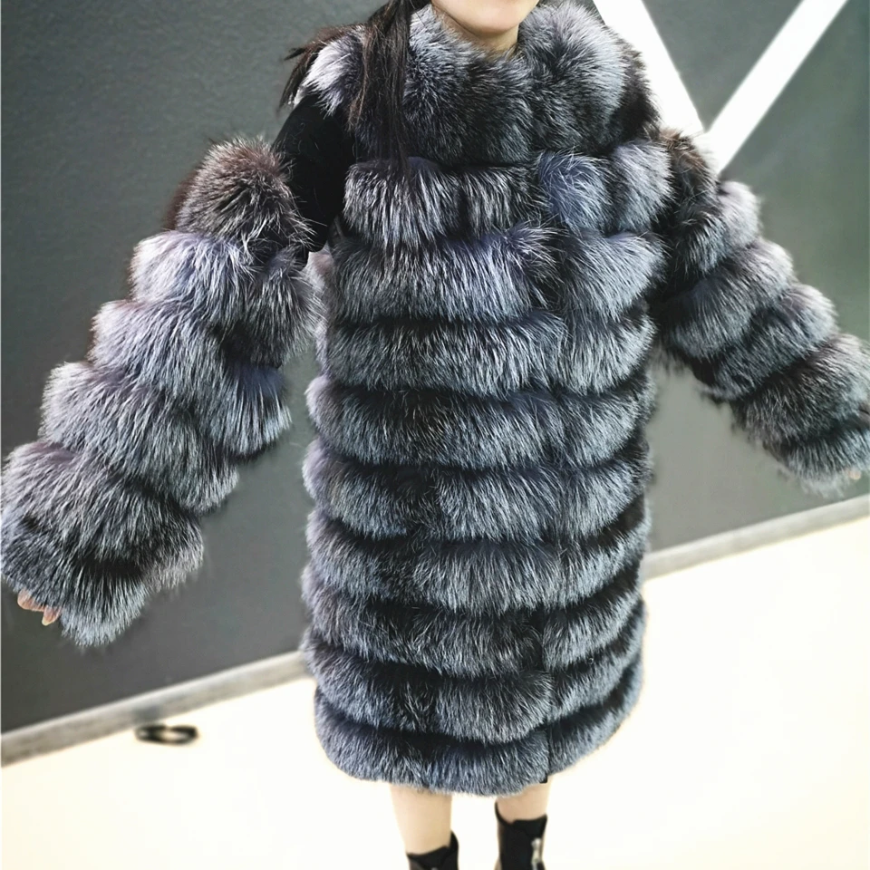 Real Silver FOX Fur Coat for Women, Full Sleeves, Natural Fur, Plus Size, Detachable Arms, Long Jacket for Girls, Winter