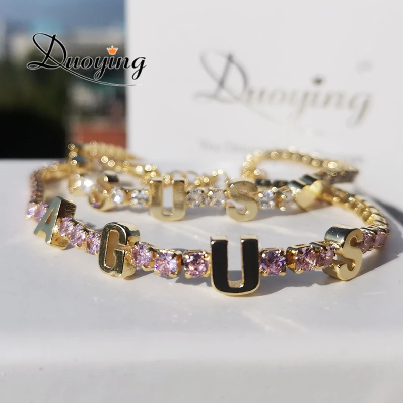 Duoying New Personalized Custom Letters Tennis Chain Bracelet Colorful Zircon Name Bracelet Women Exquisite Gift