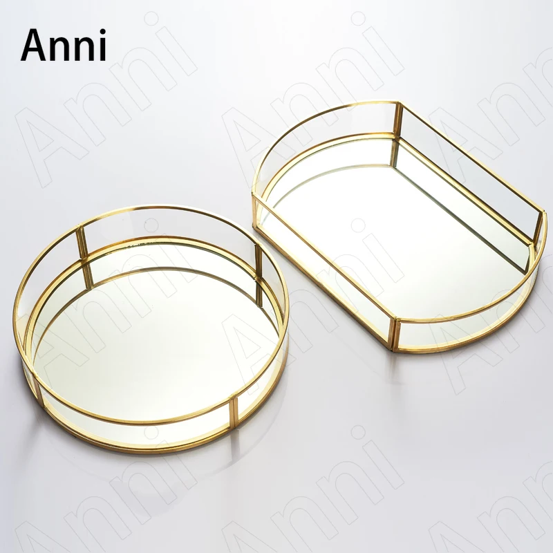 

Golden Stroke Mirror Trays Decorative Nordic Modern Copper Strip Jewelry Cosmetic Storage Display Tray Dressing Table Decoration