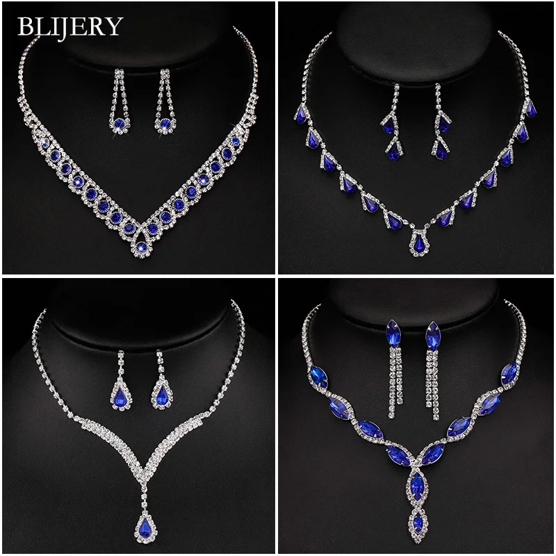 BLIJERY Fashion Royal Blue Crystal Bride Wedding Jewelry Sets for Women Silver Plated Drop Necklace Earrings Bridal Jewelry Sets