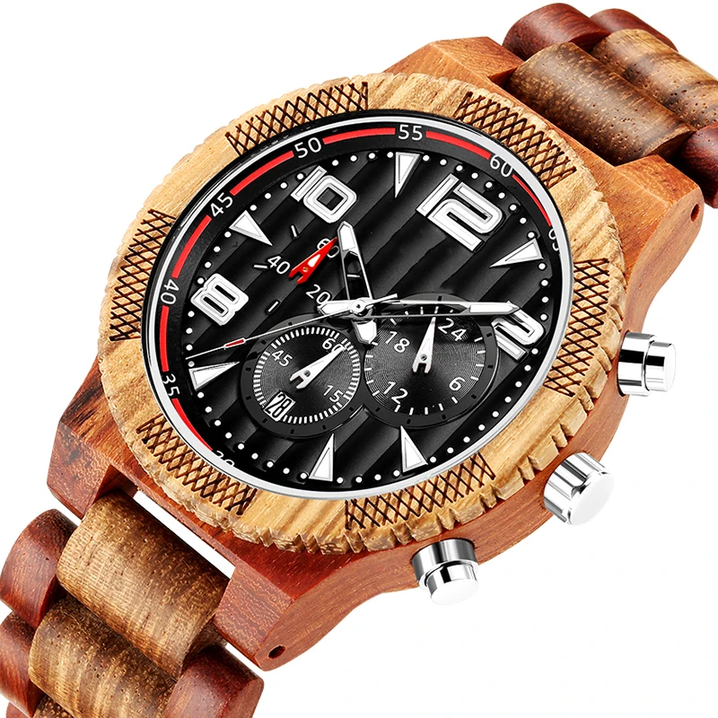 Solid Full Wood Watch Men Wooden Watch Quartz Chronograph Date Wrist Watches 6 Pins Clock Multifunction Dial Male reloj de mader