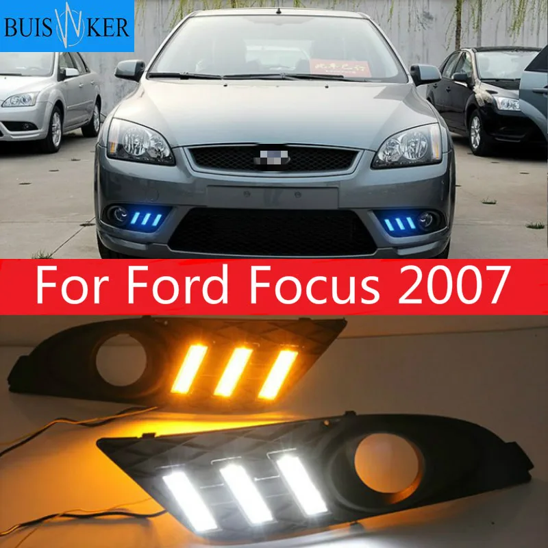 

1Pair DRL For Ford Focus 2007 Sedan Daytime Running Lights LED Fog head Lamp cover Daylight with Yellow turn signal