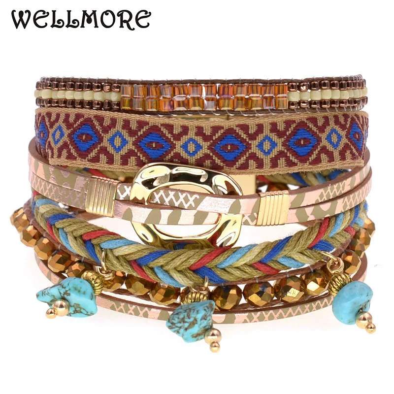 WELLMORE BOHEMIA Bracelets for women 5 colors leather bracelet Beaded stone charm bracelet fashion Female Jewelry wholesale