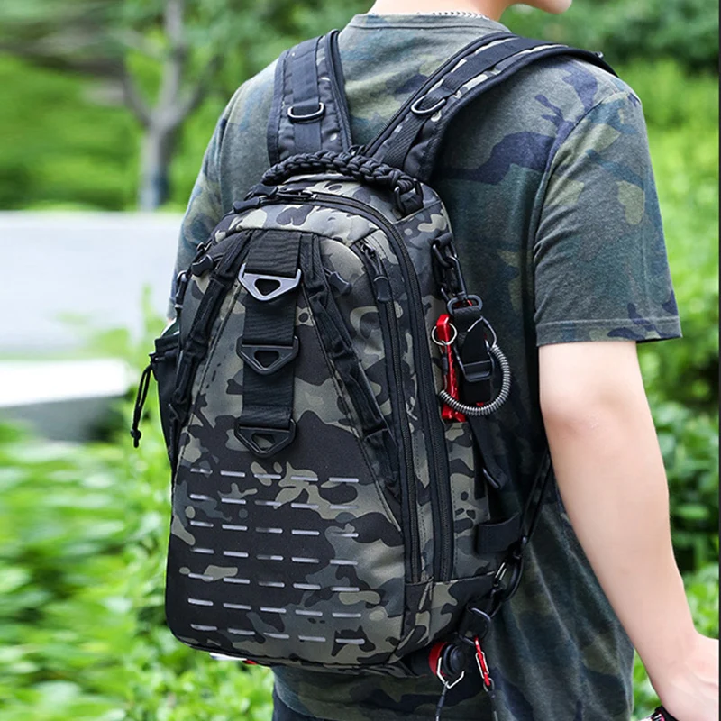 Laser Fishing Rod Backpack Lure Bag Outdoor Tactical Camouflage Camping Hiking Fishing Box Accessories Bag Sling XA264G