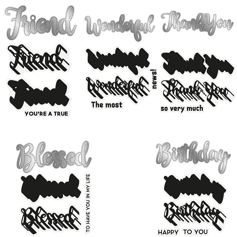 Bold Words Thank You Friends Blessed Outline Phrase Cutting Dies  match Clear Stamps DIY Scrapbooking Craft Paper Album 2021