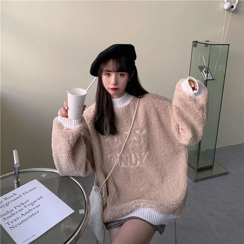 Letter Embroidery Fashion Sweatshirts Winter Thicken Hoodies Kawaii Lambswool Fluffy Vintage Loose Ulzzang Teenagers Casual Ins