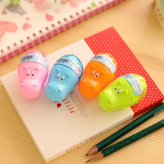 1Pc New Creative Colorful Hippo Shape Animal Mini Pencil Sharpener Knife Cutter Students Children Kids Gift Random