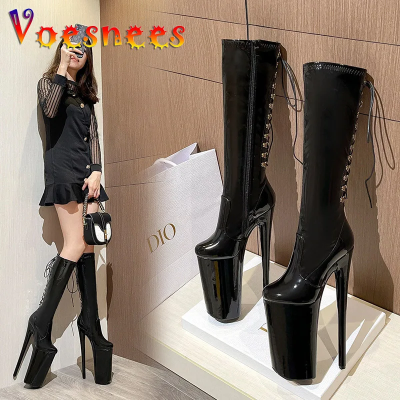 Super High Heel 26CM Nightclub Long Boots Women Lace-up Zip Design Round Toe Knee-High Boot 15CM Waterproof Platform Model Shoes