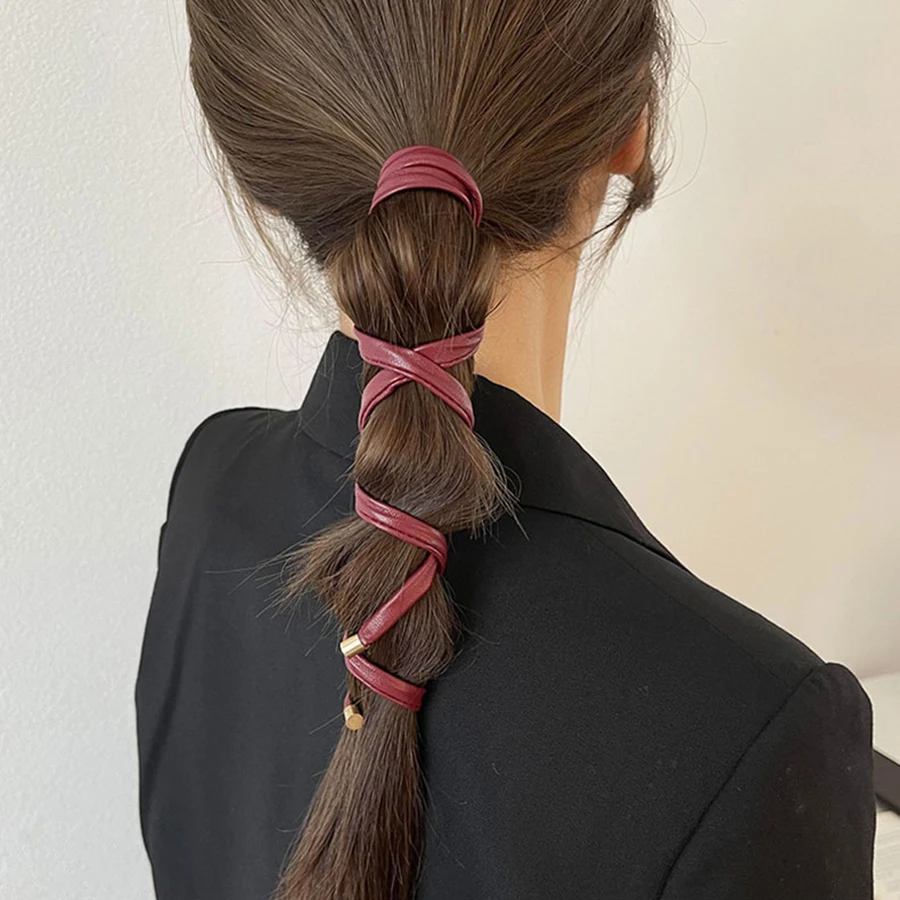 2021 New Women Vintage Ponytail Hold Leather Long Hair Tie Headband Sweet Hair Decorate Hairbands Fashion Hair Accessories