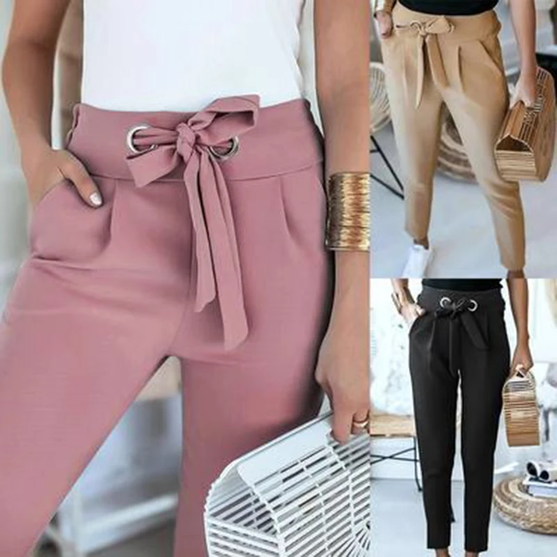 England Style Pencil Pants for Women, Bandage Design, Pockets Decor, High Waist, Slim Hips Trousers, Streetwear, Summer