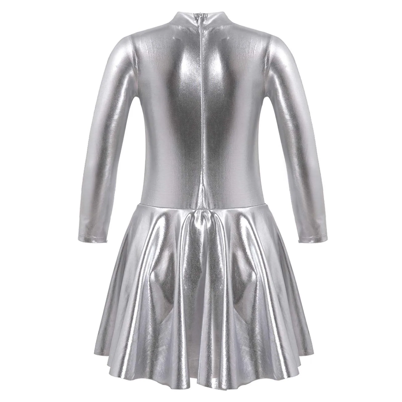 Kids Girls Shiny Metallic Long Sleeve Swing Dress Ballet Dance Ballroom Competition Jazz Hip Hop Stage Performance Costume