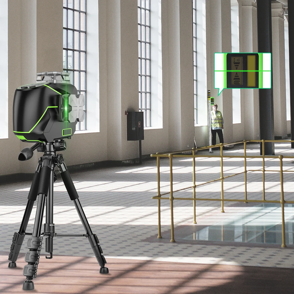 Huepar S03CG Set 3D Cross Line Laser Level Bluetooth & Remote 12 Lines Osram Green Beam Laser With Receiver Tripod Rangefinder