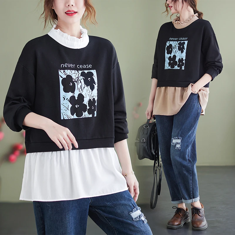 Spring Autumn Long-sleeved Casual t Shirts Top Women's Loose Printed Sweatshirts Stitching Fake Two-piece T-shirt D137