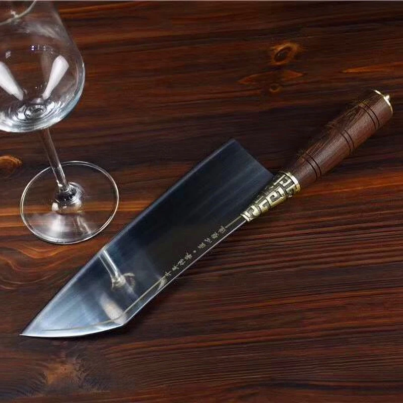 Longquan Knife Fixed blade 9 Inch Handmade Forged Nakiri Knife 5Cr15MoV Steel Slicing Cleaver Kitchen Knives Copper Decor Handle