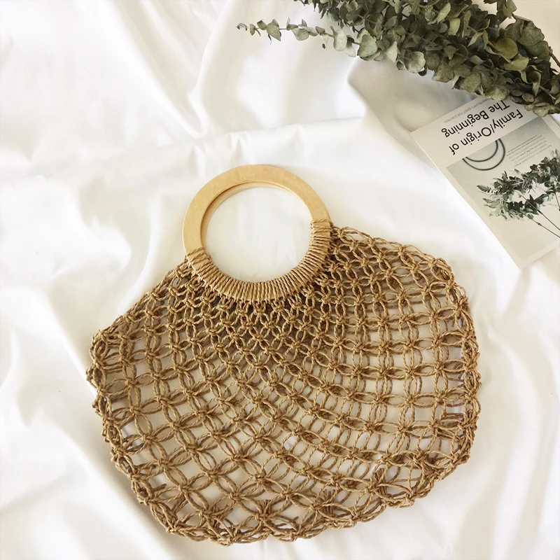 Women Handbag Summer Handmade Beach Mesh Bag Bohemia Straw Bags Wooden Round Handle Knitting Net Bag Hollow Woven Vacation Tote