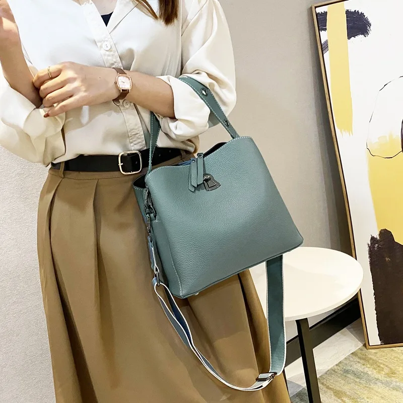 Fashion Brand Design Genuine Leather Women\'s Bucket Bag Totes First Layer Cowhide Messenger Shoulder Bag Leather Crossbody Bags