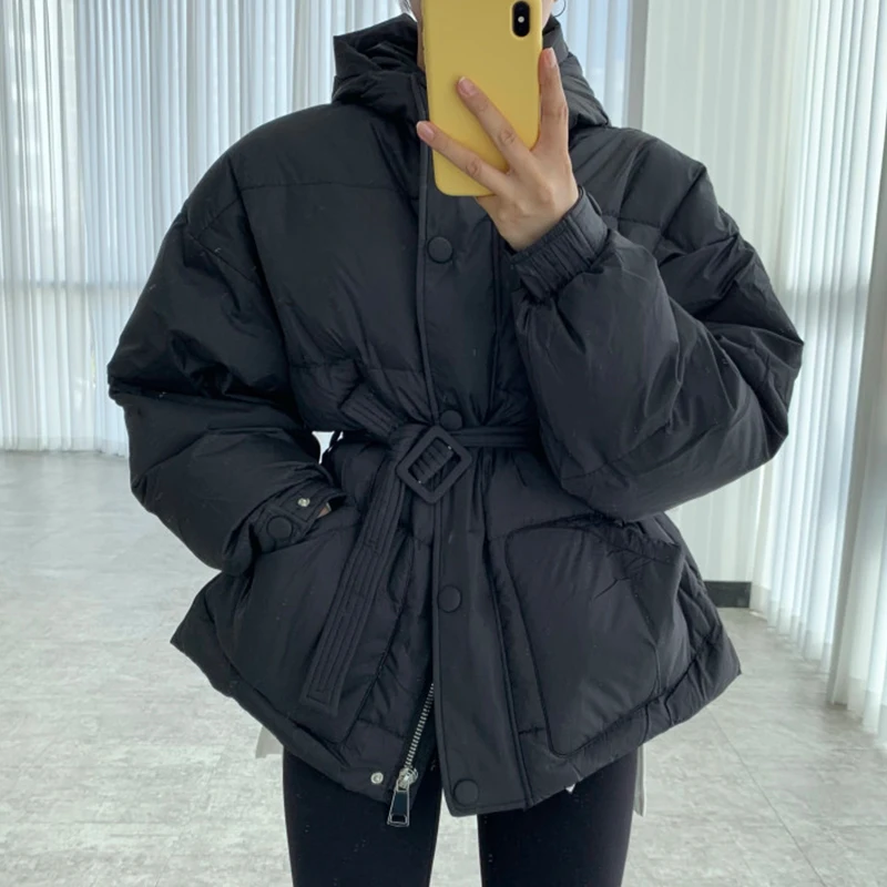 Thick Winter Clothes Women Jacket Solid Black Coats Female Cotton Korean Elegant Chic Woman Outwear Belt Fall Crop Jacket Female